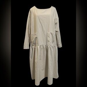 MISSLOOK Tan and White Striped Long Sleeve Drop Waist Dress